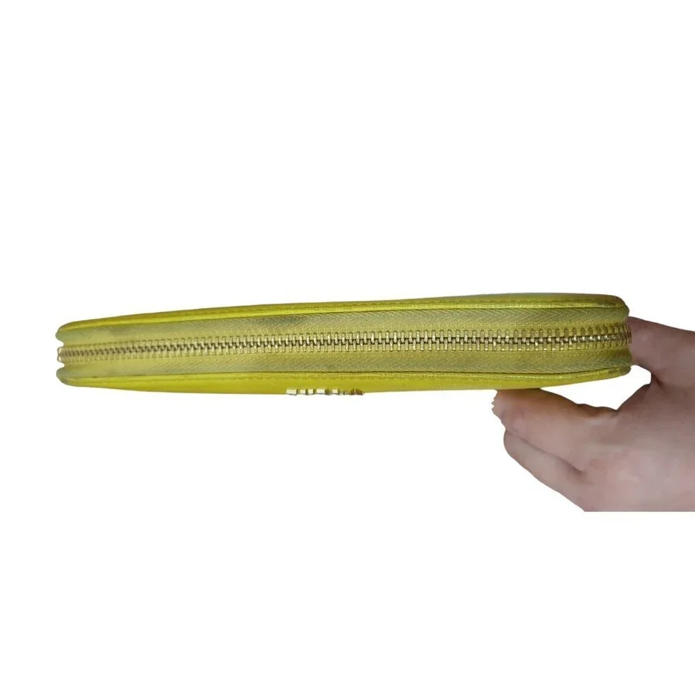 Authentic FURLA Round Zipper Long Wallet Wristie Neon Yellow Pebbled Leather
